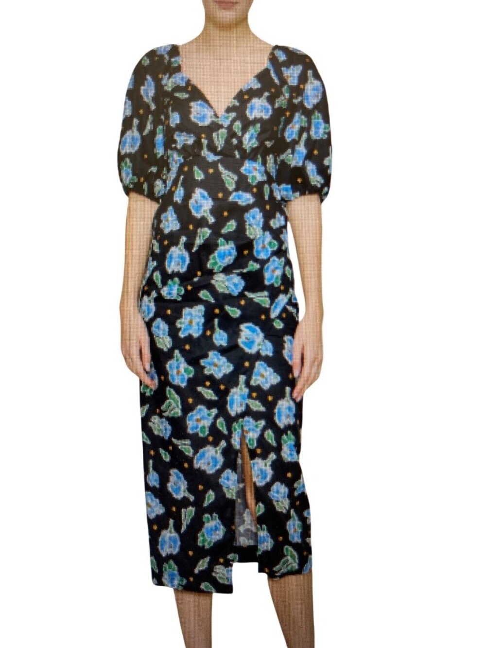 Mello Day Black Floral Puff Sleeve Midi Dress V-Neck Smocked Back Varies NEW